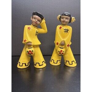 Pair of Antique 1940s Yellow Kreiss & Company Japanese Figurines Man & Woman